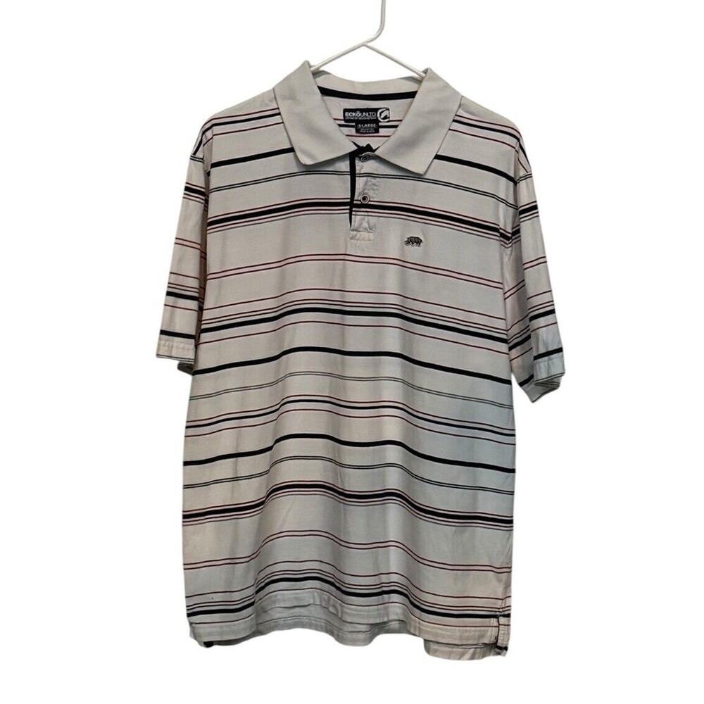 Ecko Unltd Polo Shirt Men XL Extra Large Gray Red White Striped Short Sleeve